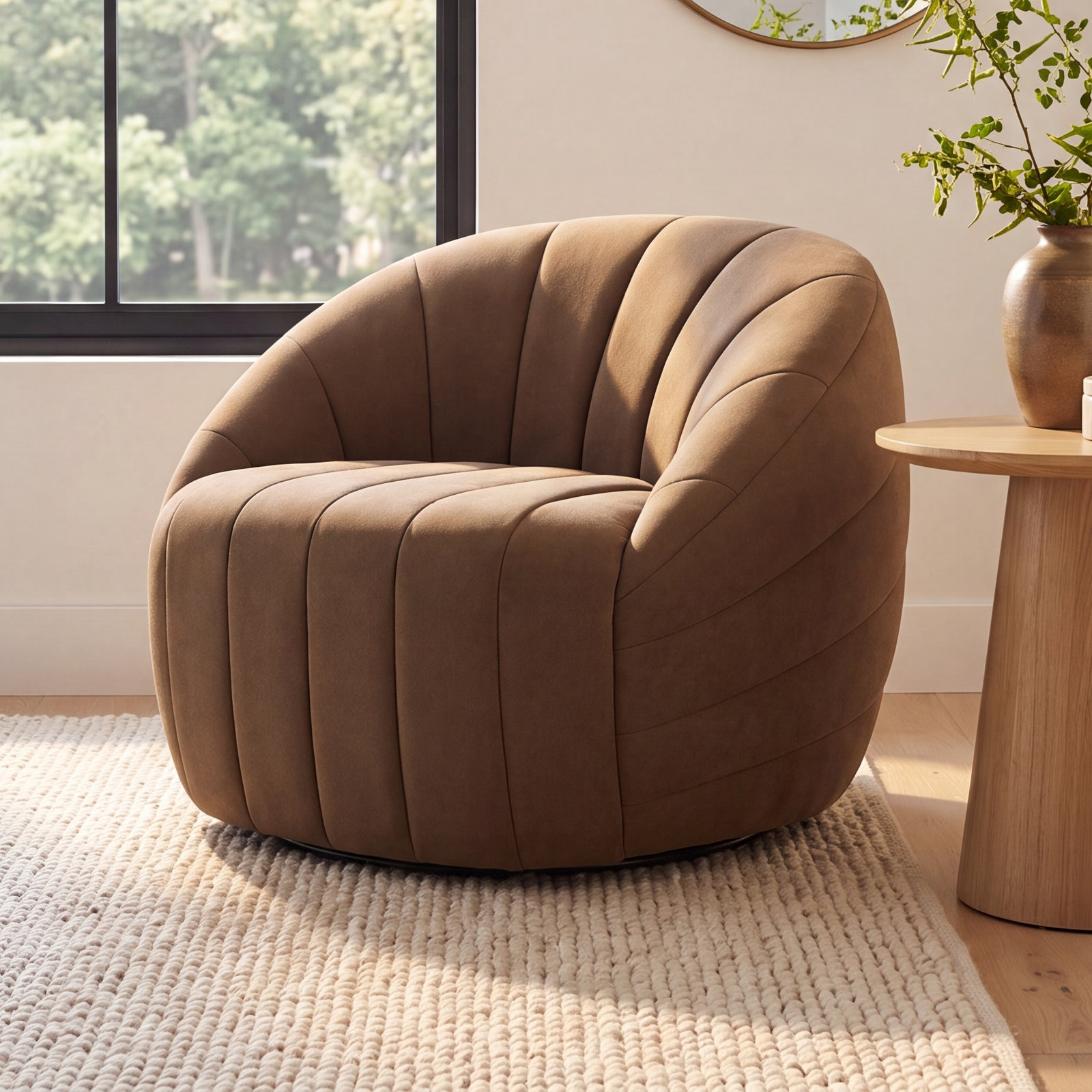 Augustine Swivel Barrel Chair, Vesper Tobacco Performance Velvet