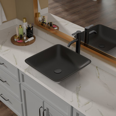 Lavabo de salle de bain en verre trempé au-dessus du comptoir avec robinet et bonde en verre trempé L 16 po x l 16 po