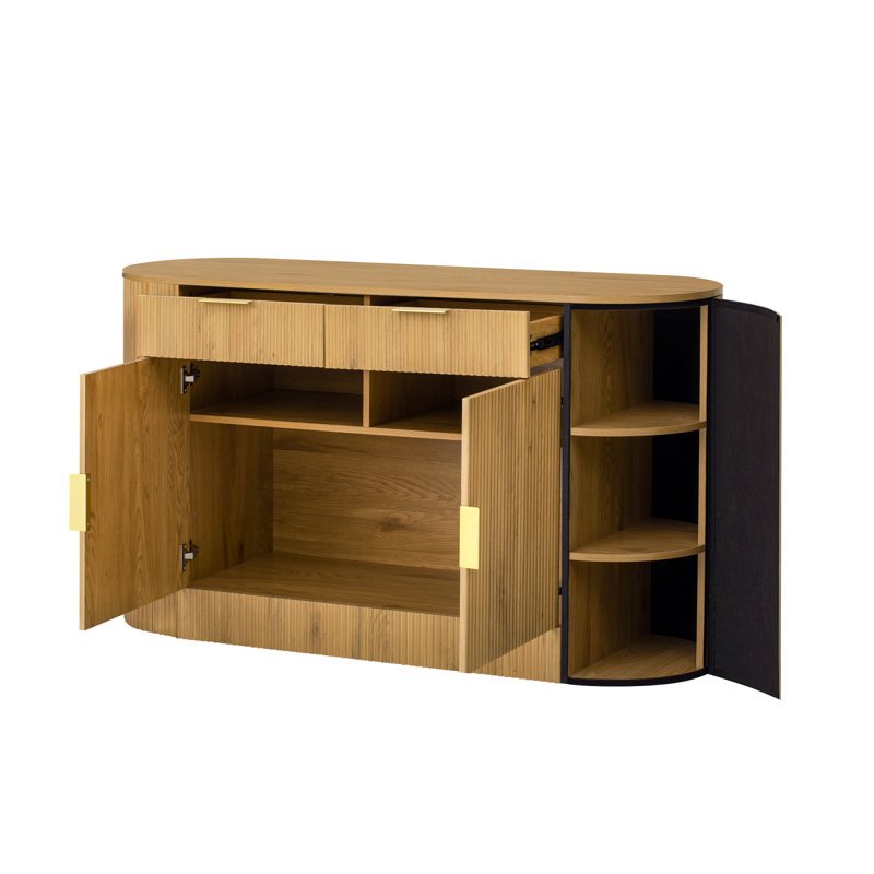 U_STYLE 55.1" Modern Storage Cabinet – 2 Doors & 2 Drawers, Stripe MDF Sideboard With Aluminum Handles, Curved Side Door & 3-Tier Shelves, Buffet Cabinet For Living Room, Bedroom, Dining Room