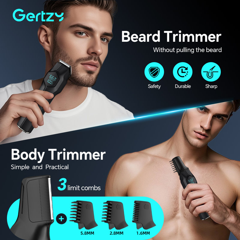  Hair Clipper for Men, All In One Grooming Kit IPX7 Waterproof, Electric Beard Trimmer, USB Rechargeable Body Mustache Nose Ear Facial Cutting Groomer for Wet/Dry, LED Display, Black