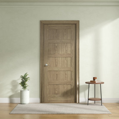 Prehung Interior Door, 5-Panel Shaker Design, Engineered Walnut Veneer Primed, Solid Core, With Jambs Kit, Black Or Satin Nickel Hinges, And Pre-Drilled Lock & Hinge Holes
