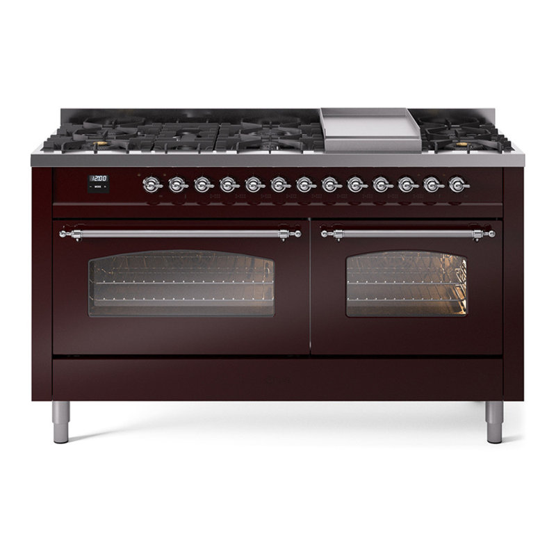 ILVE Nostalgie II Series 60 inch Dual Fuel Range with 9 Sealed Burners, Griddle (Glass Door), Liquid Propane, Burgundy/Chrome
