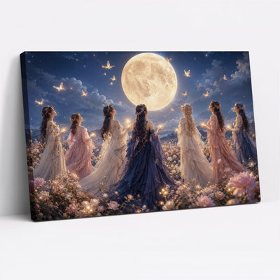 Sept femmes en robes fluides sous la pleine lune - Tableau sur toile pour l'Halloween