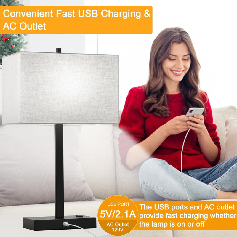 21" Black and Gray Touch Control Table Lamps with USB & AC Outlets, Set of 2