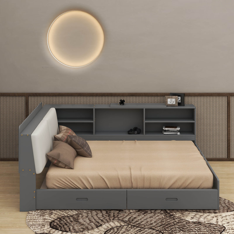 Lit plateforme en bois avec tête de lit, tablettes et 2 tiroirs, Gris