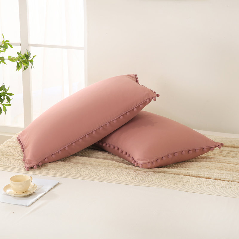 Bean Paste Pink Pom Poms Pillowcases, Standard Queen Pillow Cases Set of 2, 100% Washed Microfiber,Pink Ball Fringe Pillow Cover, 2 Pack