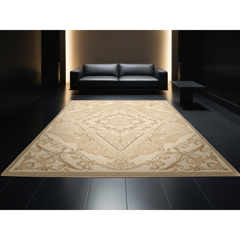 Tapis oriental classique à motif de triangles oscillant lavable à la machine - Reliure beige, 2 x 5