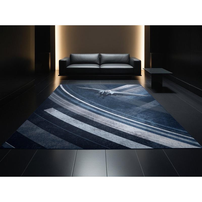 Machine Washable Rayan Wingsuit Flying Sleek & Chic Modern Arc Rug in Gray – Navy Binding, 8x10