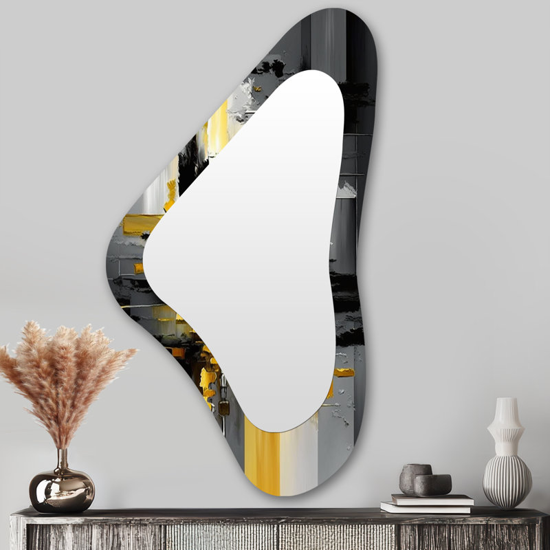 Abstrait géométrique noir et jaune abstrait V - formes abstraites grand miroir mural moderne et irrégulier