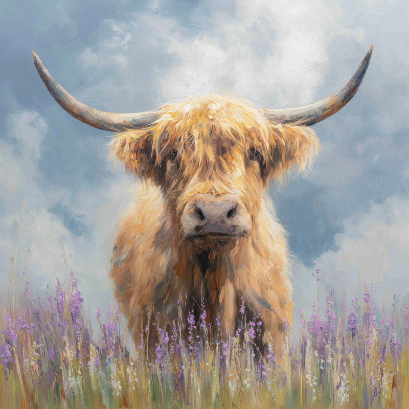 Art mural sur toile Highland Cow in Lavender Meadow, 30"W x 30"H x 1.5"D