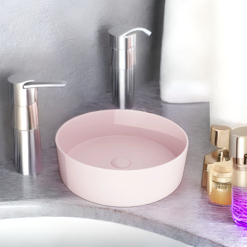 WATERMONY 15.7'' Ceramic Circular Bathroom Sink, Pink