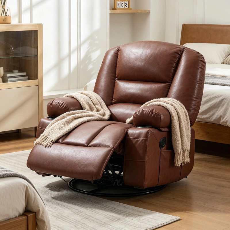 Fauteuil inclinable de massage avec chauffage, fauteuil pivotant à 360 °, porte-gobelet, pour le salon, brun, Similicuir brun