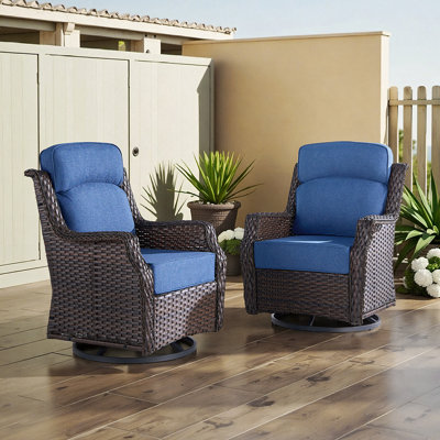 Luxury Patio Furniture Set with 6-inch Thick Cushion, Outdoor High Back Swivel Rocker Patio Chairs, 2PCS Wicker Conversation Set for Deck Yard and Poolside, Blue
