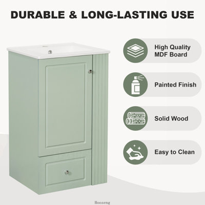 Petit meuble-lavabo autoportant de 20 po avec comptoir en céramique, armoire en panneau de fibres à densité moyenne avec tiroir à fermeture en douceur, tablettes latérales ouvertes et barre à serviettes en bois de pin