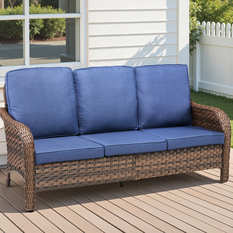 Mobilier de jardin 3 places 70,9 po en PE, coussins profonds bleus, résistant aux intempéries, soutien dorsal ergonomique, élégance naturelle