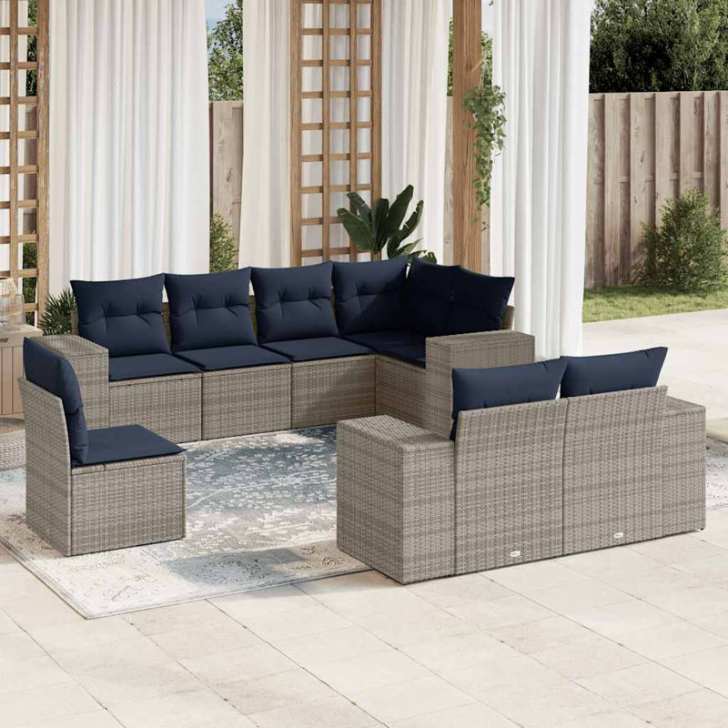  Ensemble de canapé de patio 8 pièces avec coussins en rotin de polyester gris, Gris, Marine