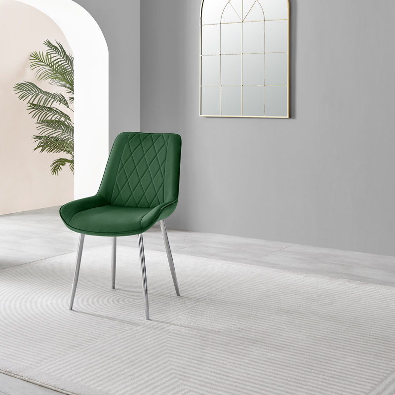 Edzard Chrome & White High Gloss Dining Table Set with 6 Luxury Velvet Dining Chairs, Green/Silver