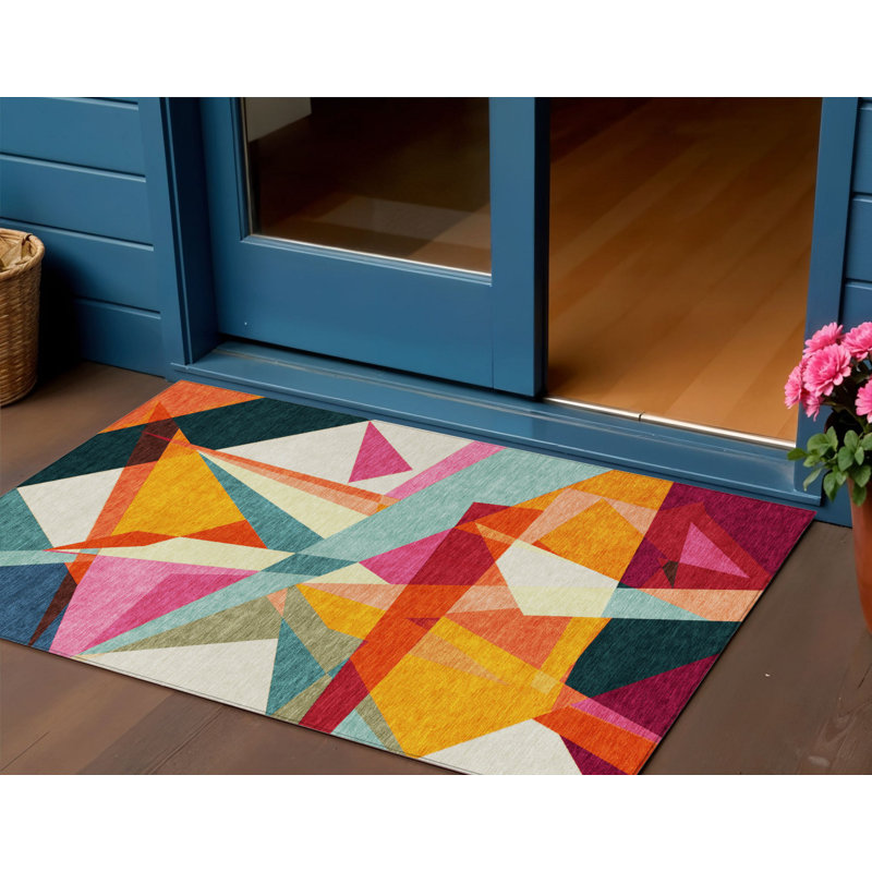 3' X 5' Ivory Orange Yellow Teal Blue And Burgundy Geometric Washable Indoor Outdoor Area Rug