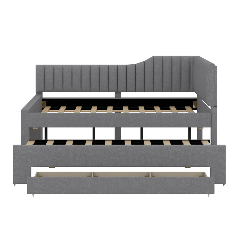 Upholstered Bed With Trundle And Drawers, Gray, Full / Double