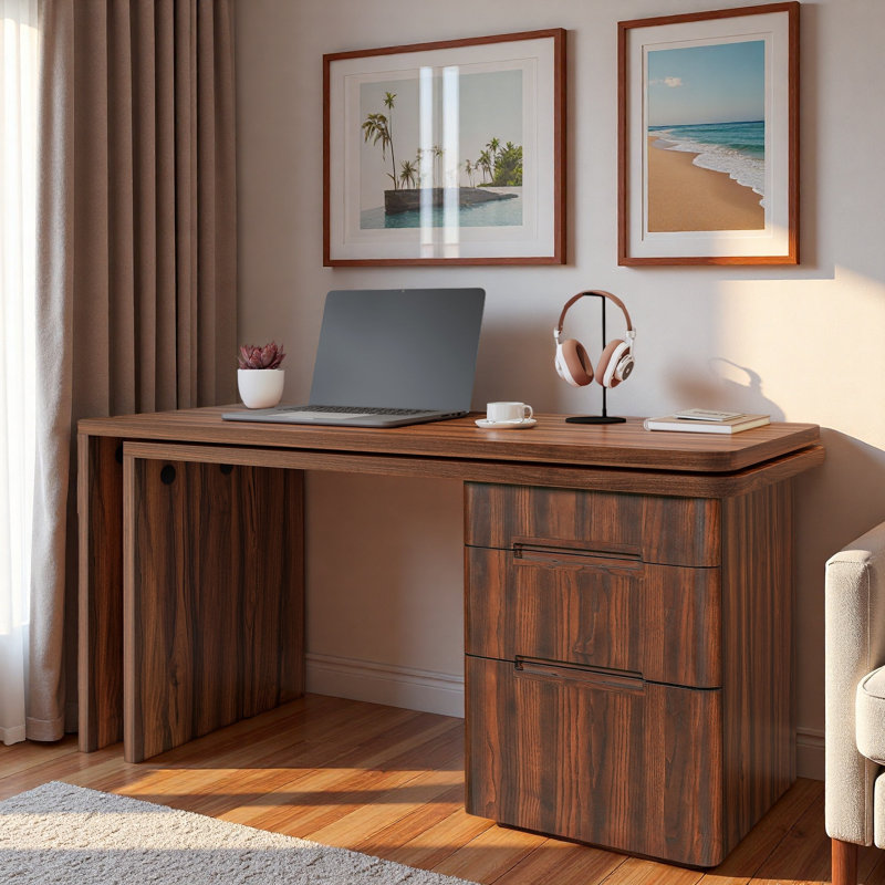 Bureau moderne en forme de L avec 3 tiroirs et bureau pivotant à 360 ° en bois