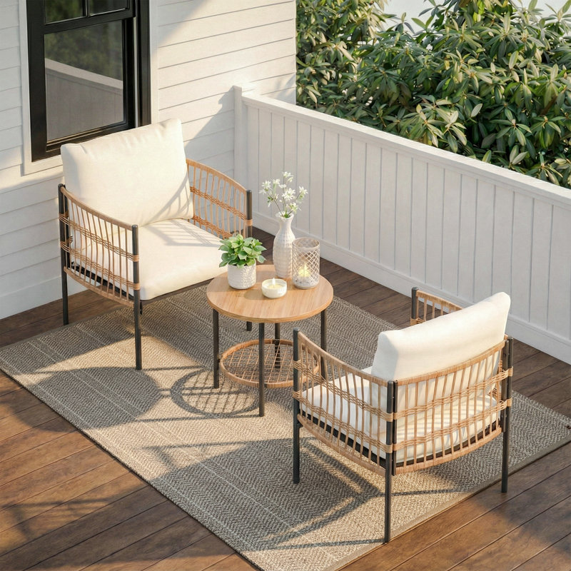 2-Person Outdoor Conversation Set With Woven Rope Chairs & Side Table