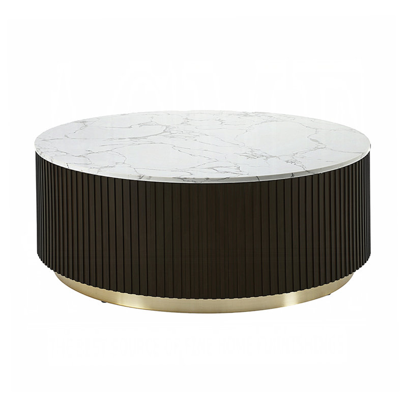 Table basse ronde avec plateau en faux marbre blanc et espresso