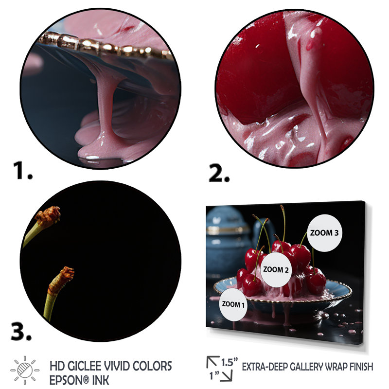 Cherry Sundae Dessert Explosion - Art mural cerise, Cadre d'angle fermé noir, H 30 po x l 40 po x P 1,5 po