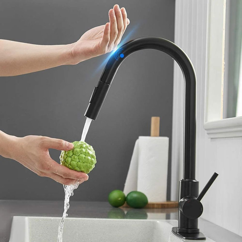 Robinet de cuisine à poignée simple rétractable, Noir mat