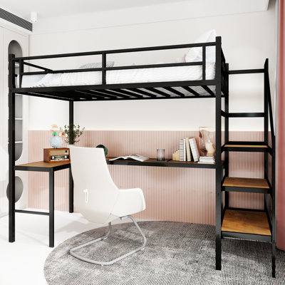 Cadre de lit mezzanine simple en fer noir avec structure, escalier, bureau en L et tiroirs de rangement pour la décoration de la chambre, conseils sur les dimensions, garde-corps à 360°.