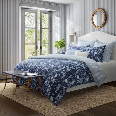 Blue Standard Cotton Reversible Duvet Cover Set