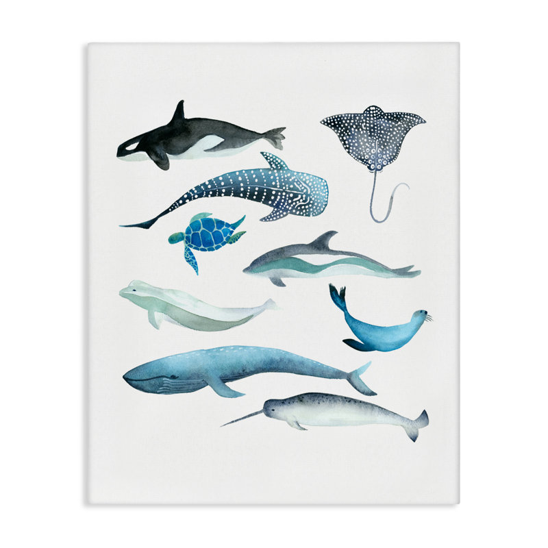 Créatures sous-marines en toile blues, design par Evelyn Coleman, H 40 po x l 30 po