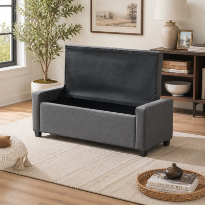 Banc de rangement pour chambre 48 po pour bout de lit, repose-pieds rembourré en faux lin avec accoudoirs pour chambre à coucher, salon, entrée, gris