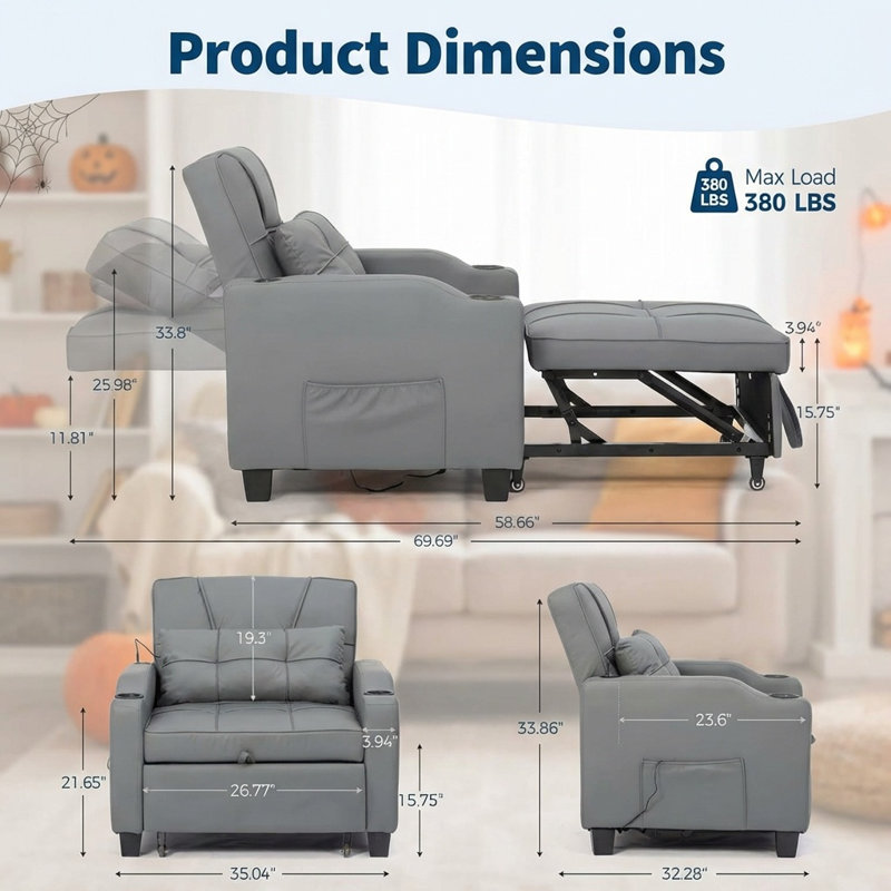 Lit gigogne escamotable, canapé-lit convertible 3 en 1 avec coussin lombaire à massage vibratoire, fauteuil inclinable simple avec port USB / Type-C, porte-gobelets et poche latérale pour petits espaces