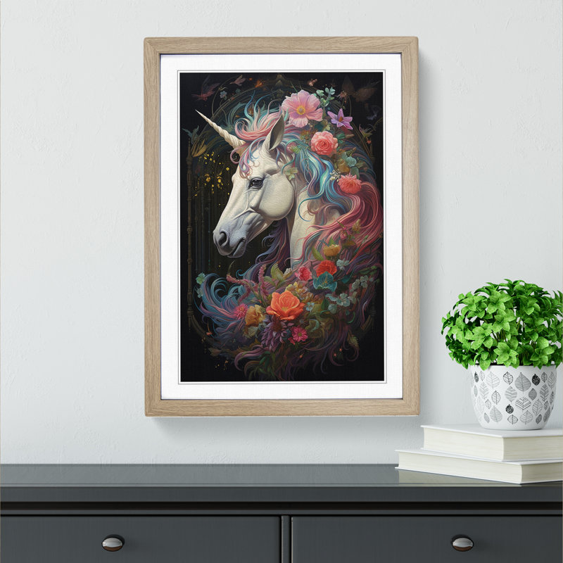 Unicorn Baroque - Single Picture Frame Print on Wood, 64cm H x 46cm W, Oak Framed