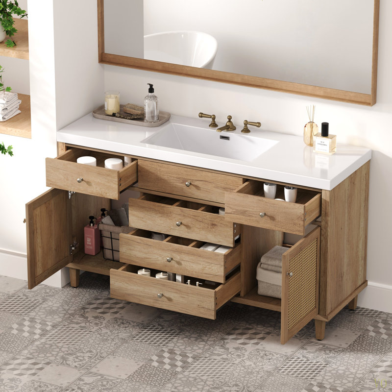 Meuble-lavabo de 60 po avec lavabo SMC, grande armoire de rangement moderne avec tiroirs à fermeture en douceur et portes en rotin, boutons en métal et 5 pieds en pin