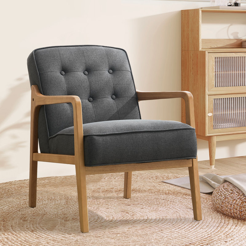 Tufted Linen Upholstered Armchair with Solid Wood Frame, Beige Linen