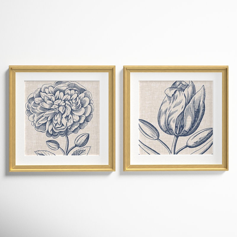 " Indigo Floral On Linen III " 2 - Pieces, 17.5" H x 35" W, Gold, Framed Print with Mat