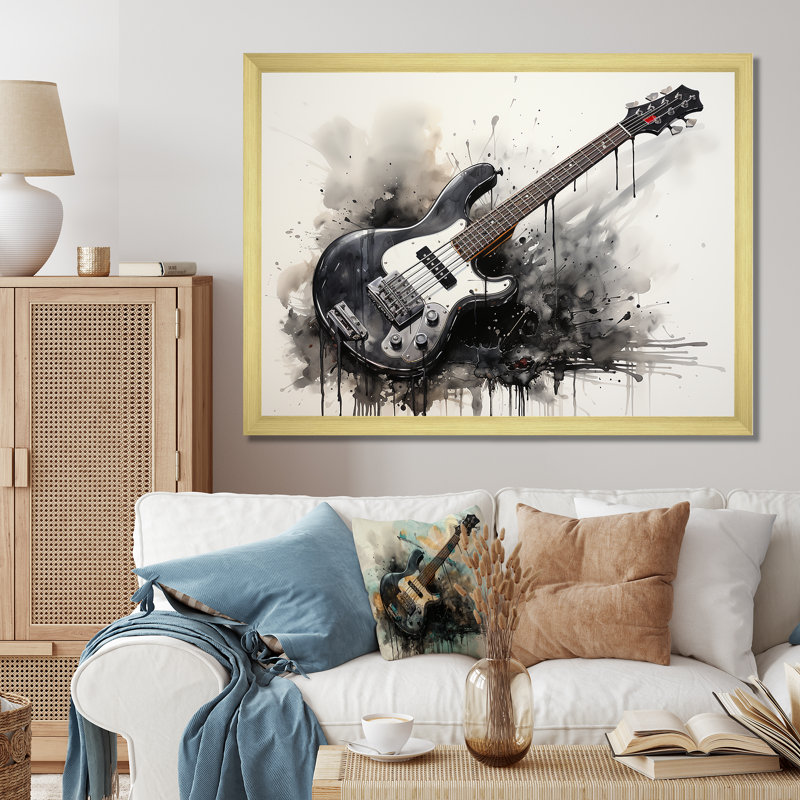 «Brown Charcoal Guitare Vibations II», art mural musique, Cadre d'angle fermé doré, H 16 po x l 32 po x P 1 po