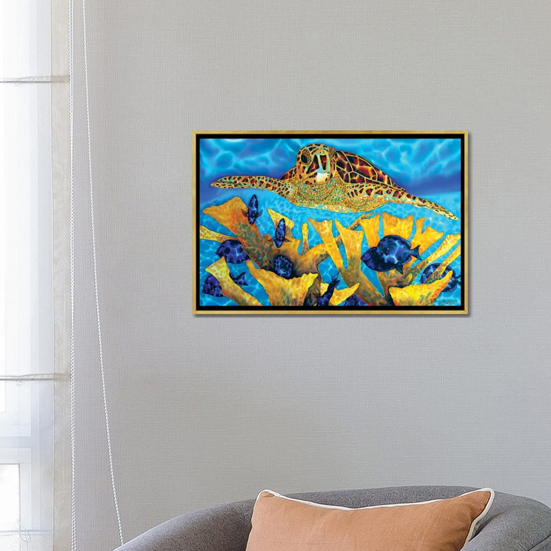 Hawksbill & Tangs par Daniel Jean-Baptiste - reproduction d'art, H 18 po x l 26 po x P 1,5 po, Toile avec cadre or, Non mat