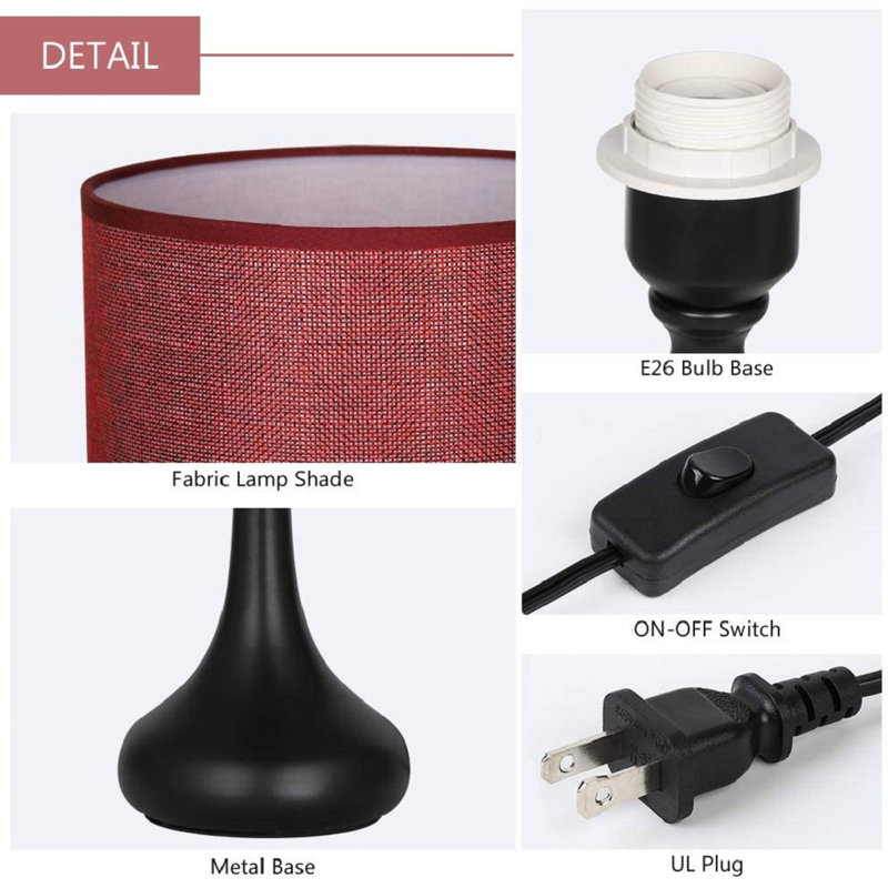 Lampe de chevet en métal avec abat-jour en métal, Noir, H 15,5 po x l 7,3 po x P 7,3 po, Rouge