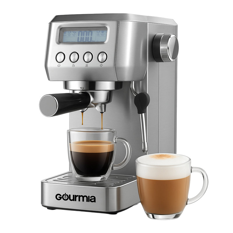 Gourmia Slim Espresso Maker With 20-bar Pump, Lcd Display & Milk Frother, Stainless Steel