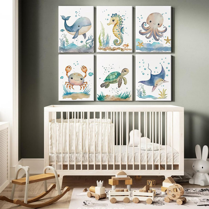 Nursery Sea Animal Wall Decor Set of 6 Ocean Watercolor Canvas Wall Art Baby Boys Room Wall Art Ocean Sea Animal Pictures Kids Girl Art Prints Nursery Artwork for Bedroom 12x16 Inch Framed