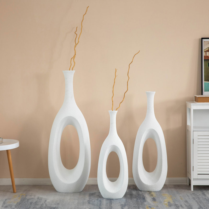 Set Of 3 Frosted White Fiberglass Tall Floor Vase - Decorative Vase For Modern Home Decor, Perfect For Living Room, Home Office, Bedroom, Kitchen, Coffee Bar, Farmhouse Decor, And Wedding Centerpieces
