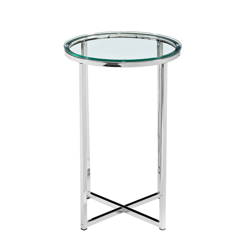 Leverette Glass Top Cross Legs End Table, Glass/Chrome