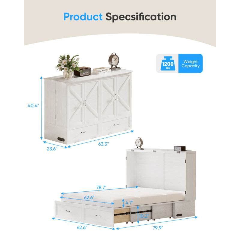 Queen Murphy Bed with Built In Chariging Station & 2 Drawers & Mattress, White, White