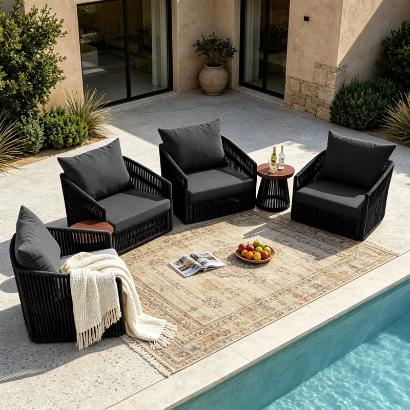 Ensemble de patio extérieur pivotant en corde pour quatre personnes avec coussins et deux tables d'appoint, Grey, Black