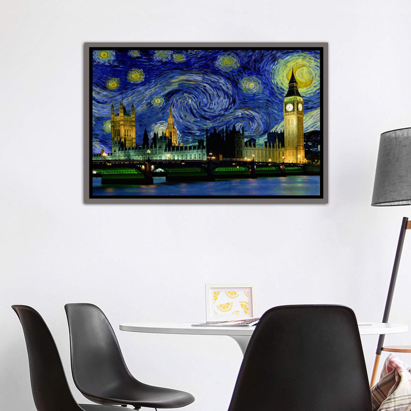 London, England Starry Night Skyline - impression d'art graphique, Toile avec cadre en bois rustique foncé