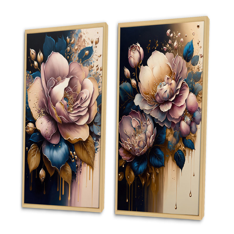 «Decadent Pink and Blue Roses», 2 pièces sur toile, Encadrement brun, H 40 po x l 40 po