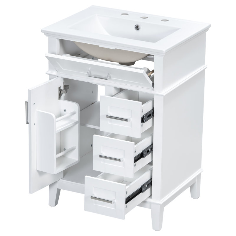 Meuble-lavabo 24 po avec lavabo en céramique, structure en bois massif et armoire en panneau de fibres à densité moyenne, 1 porte, tiroir rabattable et 3 tiroirs, meuble-lavabo à fermeture en douceur avec tablette réglable et poignées argentées