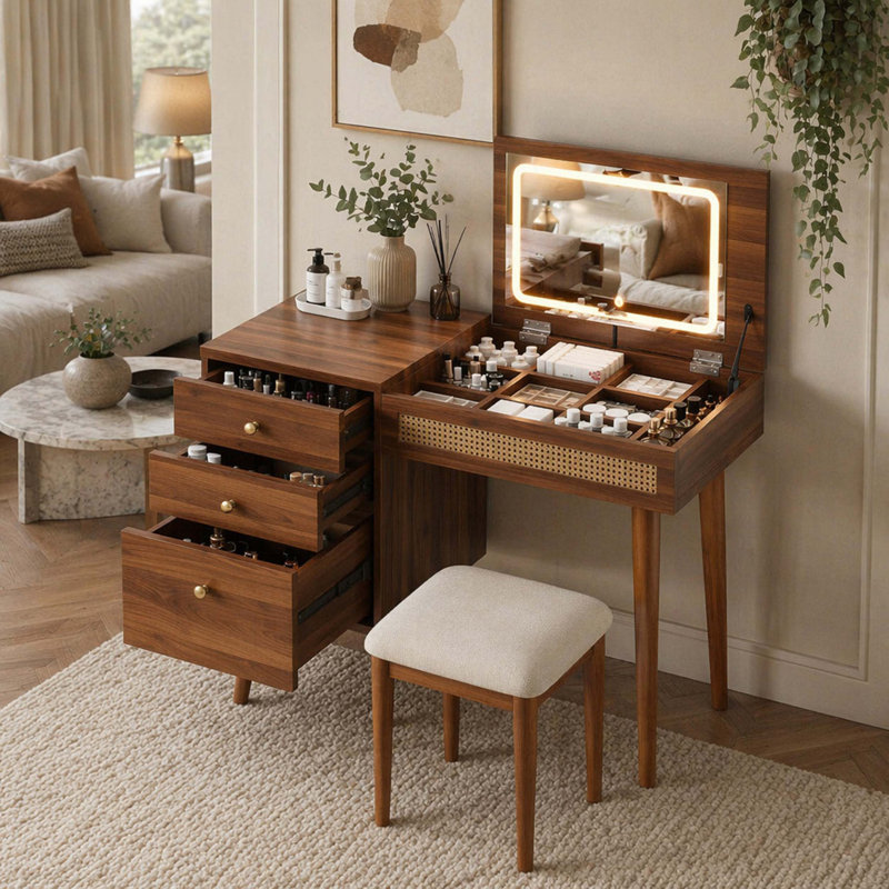 Bureau de coiffeuse 39 "avec miroir à DEL rabattable et 3 tiroirs